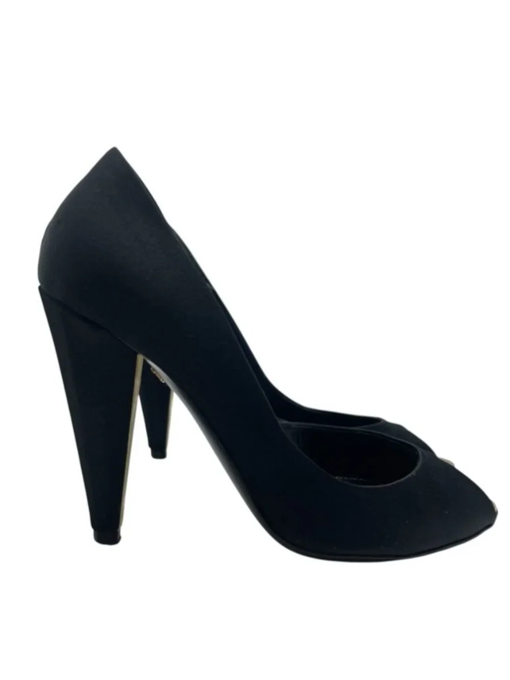 Chanel Pumps High Heels Open Toe Satin Leather Black Gold Shoes Casual